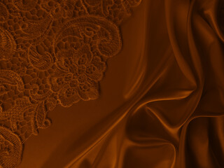 Beautiful elegant wavy brown satin silk luxury cloth fabric texture, abstract background design. Copy space.