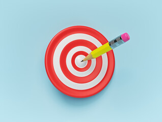 Fototapete - Pencil on the center of target. Business goal, achievement, success, education concept. minimal design. 3d rendering