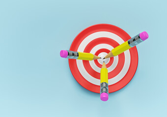 Fototapete - Pencil on the center of target. Business goal, achievement, success, education concept. minimal design. 3d rendering