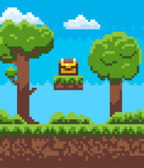 Wall Mural - Map of pixel game, green tree and bush, grass on ground, step with treasure, cloudy sky, nobody place, adventure map, squared interface, platform vector