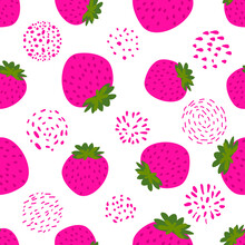 Cute Strawberries Pattern Background With Summer Feeling - Funny Vector Drawing Seamless Pattern. Clothes Or  Textile Graphic Design. Cute Illustration. Wallpaper, Wrapping Paper