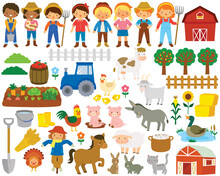 Farm Life Clipart Set. Big Collection Of Farm Animals, Farmers And Items Related To Farming And Agriculture. 
