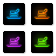 Sticker - Glowing neon Hunter hat with feather icon isolated on white background. Plaid winter hat. Black square button. Vector.