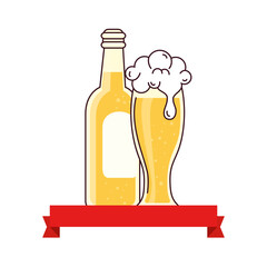 glass with bottle of beer and ribbon decoration on white background