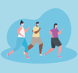 Sticker - young people running wearing medical mask, women and man in sportswear jogging, during coronavirus covid 19