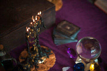 Old world, Magic attributes for rituals and fate prediction, details on a table of witch, occultism concept