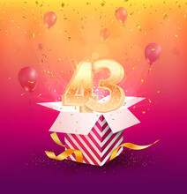 43 Th Years Anniversary Vector Design Element. Isolated Forty Three Years Jubilee With Gift Box, Balloons And Confetti On A Bright Background. 
