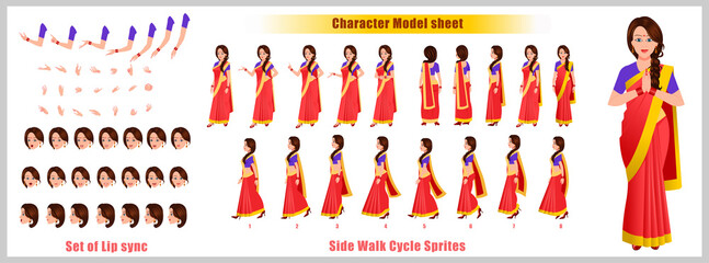 Wall Mural - Indian Girl Character Design Model Sheet with walk cycle animation. Girl Character design. Front, side, back view and explainer animation poses. Character set with various views and lip sync 