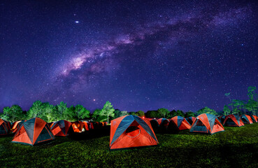 Wall Mural - milky way galaxy on tourist tent camping on the top of phukradueng, loei province, thailand before s