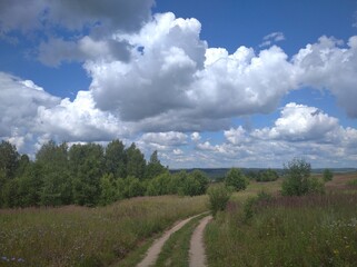 country road in the fields under the clouds