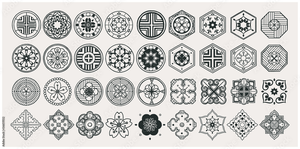 Set of hand drawn oriental elements. Black mandala / Asian traditional design.  - obrazy, fototapety, plakaty 