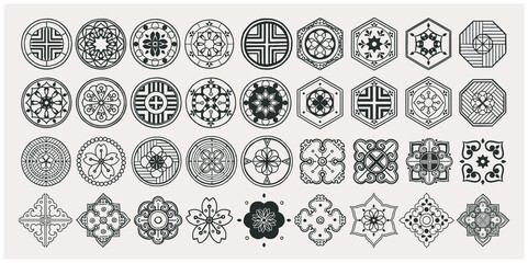 set of hand drawn oriental elements. black mandala / asian traditional design.