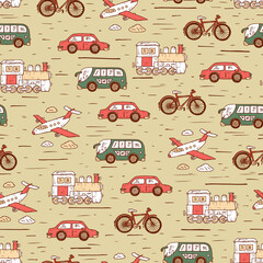 Wall Mural - Transport seamless pattern. Hand Drawn doodle car, airplane, steam locomotive, bicycle - vector illustration