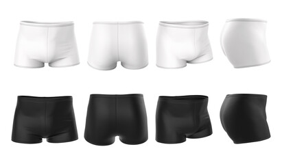 Wall Mural - Set of men's underwear, shorts, swimming trunks in black and white colors. Empty 3d realistic mock up, template. Illustration of clothes. Front, back, side views.