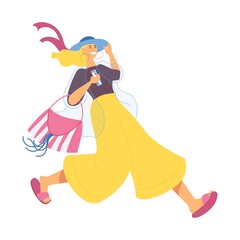 Wall Mural - Young woman running with summer hat, bag and avia ticket in flip flops. Vector cartoon happy character