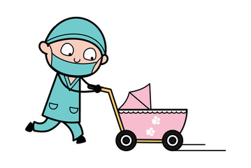 Wall Mural - Cartoon Surgeon with Baby Cart