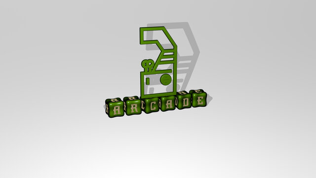 3D illustration of ARCADE graphics and text made by metallic dice letters for the related meanings of the concept and presentations. architecture and game