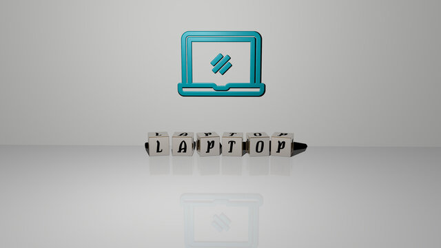 3D illustration of laptop graphics and text made by metallic dice letters for the related meanings of the concept and presentations. computer and business