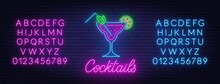Cocktail Neon Sign On Brick Wall Background. Blue And Pink Neon Alphabets.