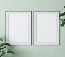 Two Vertical Wooden Frame Mockup On Green Wall Background With Plants, 3d Illustration