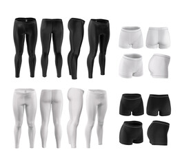Wall Mural - Set of women's tight black and white leggings and shorts. 3d realistic clothing templates. Front view back, side. Mock up for print design. Sports uniforms for women.