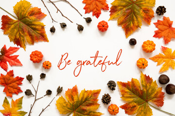 Wall Mural - beautiful calligraphy of english text be grateful. frame of bright colorful autumn leaf decoration.