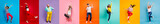 Panorama collage eight cool funny attractive active modern people six ladies two guys men good mood dance discotheque party isolated many colors blue violet teal orange yellow pink red background