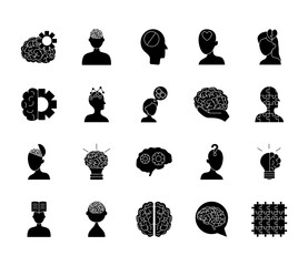 icon set of mental health and woman head, silhouette style