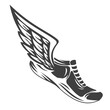 Hand drawn silhouette running shoes with wings isolated on white background. Stylized vector illustration. Minimalistic vintage design template element for print, label, badge or other symbol.