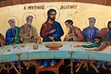 Greece, Athens, July 16 2020 - Old painting with the Last Supper outside an antique shop in the center of Athens.