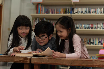 Education image,asian children happy learning in library at school.