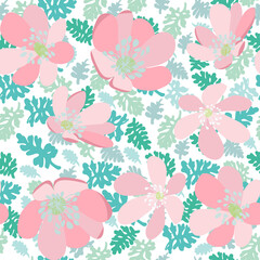 Wall Mural -  Green leaves and pink flowers seamless pattern