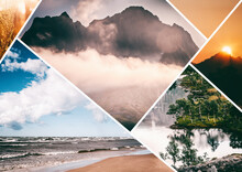 Different Nature Collection Collage. Mountains, Beach, Sunset, Woods. Background And Texture For Advertising Projects.