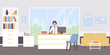 © Flash Vector - Doctor appointment flat vector illustration. Cartoon physician woman character sitting at doctoral medical workplace in modern hospital clinic office interior, doctor waiting for patients background