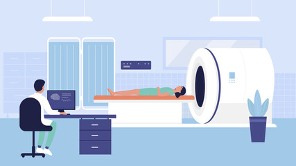 Hospital tomography exam vector illustration. Cartoon flat woman doctor character scanning, examining patient on diagnostic scanner tomograph Mri machine in medical laboratory scan room background