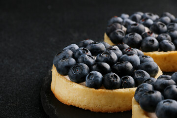 blueberry tart on dark background . set of mini tart cake with blueberries