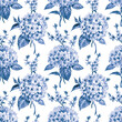 Hydrangea and forsythia seamless pattern in blue tones, watercolor illustration, cobalt floral print for fabric, wallpaper, wrapping paper and other designs.