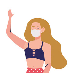 Poster - woman with swimsuit wearing medical mask, tourism with coronavirus, prevention covid 19 in summer season