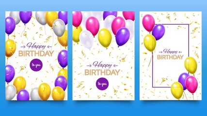 Wall Mural - Balloon poster for birthday party. Colorful helium balloons with falling golden glitter confetti and ribbons. Holiday design for greeting card set. Festive celebration vector illustration