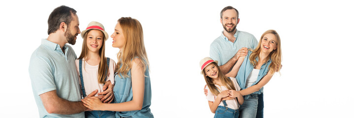 collage of happy smiling family hugging isolated on white, panoramic shot