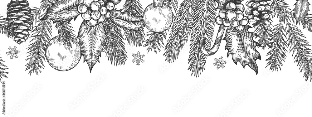 Xmas seamless green border. Horizontal banner with christmas tree branches garland, holly berries and toys, element for festive vector card. Engraved spruce twigs with candy cane and snowflake - obrazy, fototapety, plakaty 