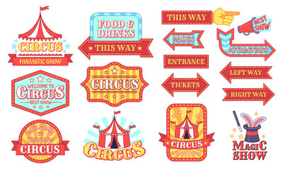 Circus labels. Carnival and circus show invitation badges, entertainment festival signboard with text, events vintage tag cartoon vector set. Food and drinks, tickets, entrance arrows. Magic show sign