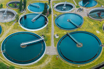 Modern sewage treatment plant, aerial view from drone