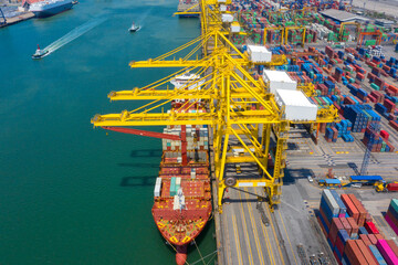 Container , container ship in export and import business and logistics. Shipping cargo to harbor by crane. Water transport International. Aerial view and top view.