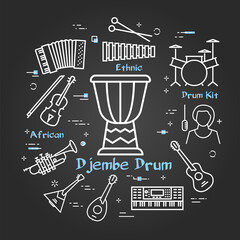 Vector black linear banner for music - djembe drum