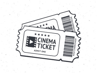 Wall Mural - Outline of two cinema tickets with barcode. Pair paper retro coupons for movie entry. Symbol of the film industry. Vector illustration. Hand drawn black ink sketch, isolated on white background