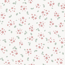Ditsy Pattern. Subtle Vector Seamless Texture With Small Pink Flowers And Green Leaves On White. Elegant Abstract Floral Background. Simple Minimal Repeat Design For Decoration, Textile, Wallpapers