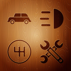 Sticker - Set Wrench, Car, Gear shifter and High beam on wooden background. Vector.