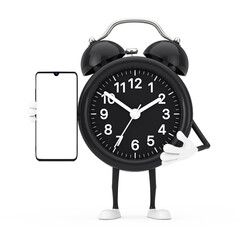 Aufkleber - Alarm Clock Character Mascot with Modern Mobile Phone with Blank Screen for Your Design. 3d Rendering