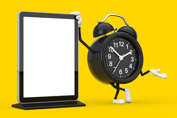 Poster - Alarm Clock Character Mascot with Blank Trade Show LCD Screen Stand as Template for Your Design. 3d Rendering